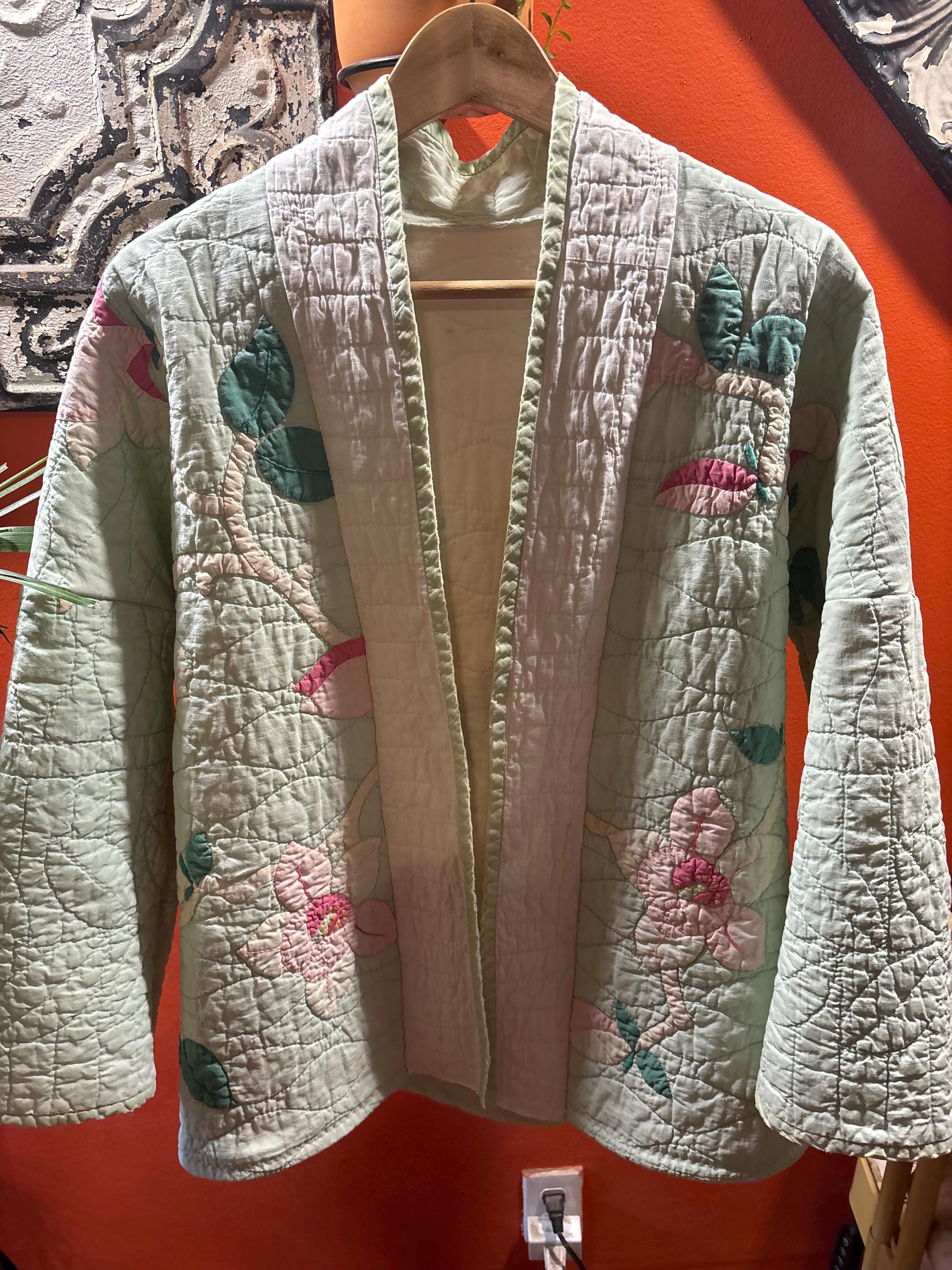 Vintage Quilt Coat – Iris Floral Appliqué, One of a Kind Kimono Jacket