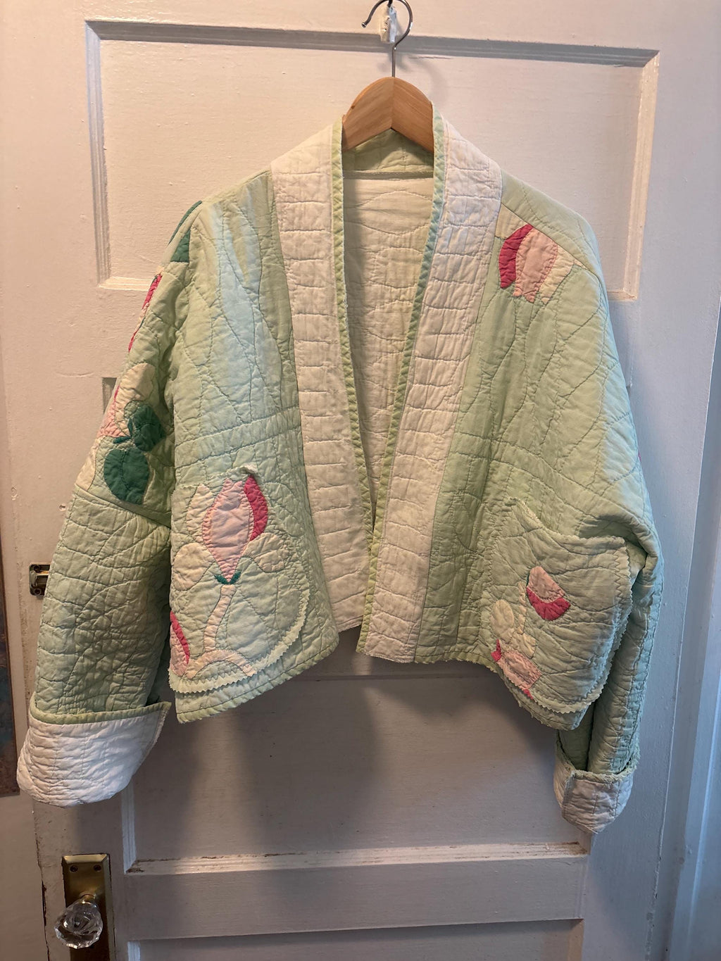 Sage  - Upcycled Vintage Quilt Handmade Cropped Jacket Size: L/XL