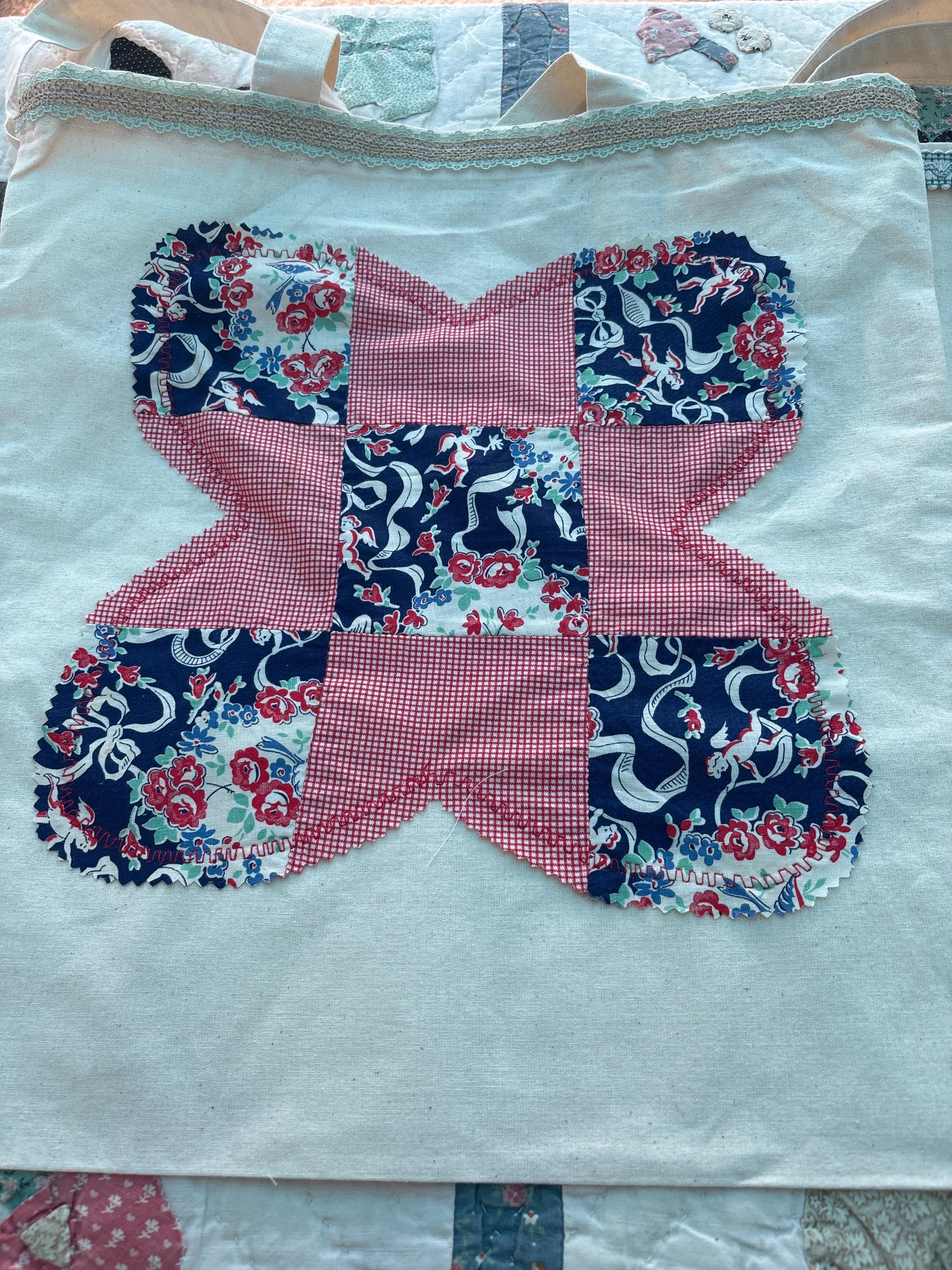 Assorted tote bags made from quilt squares