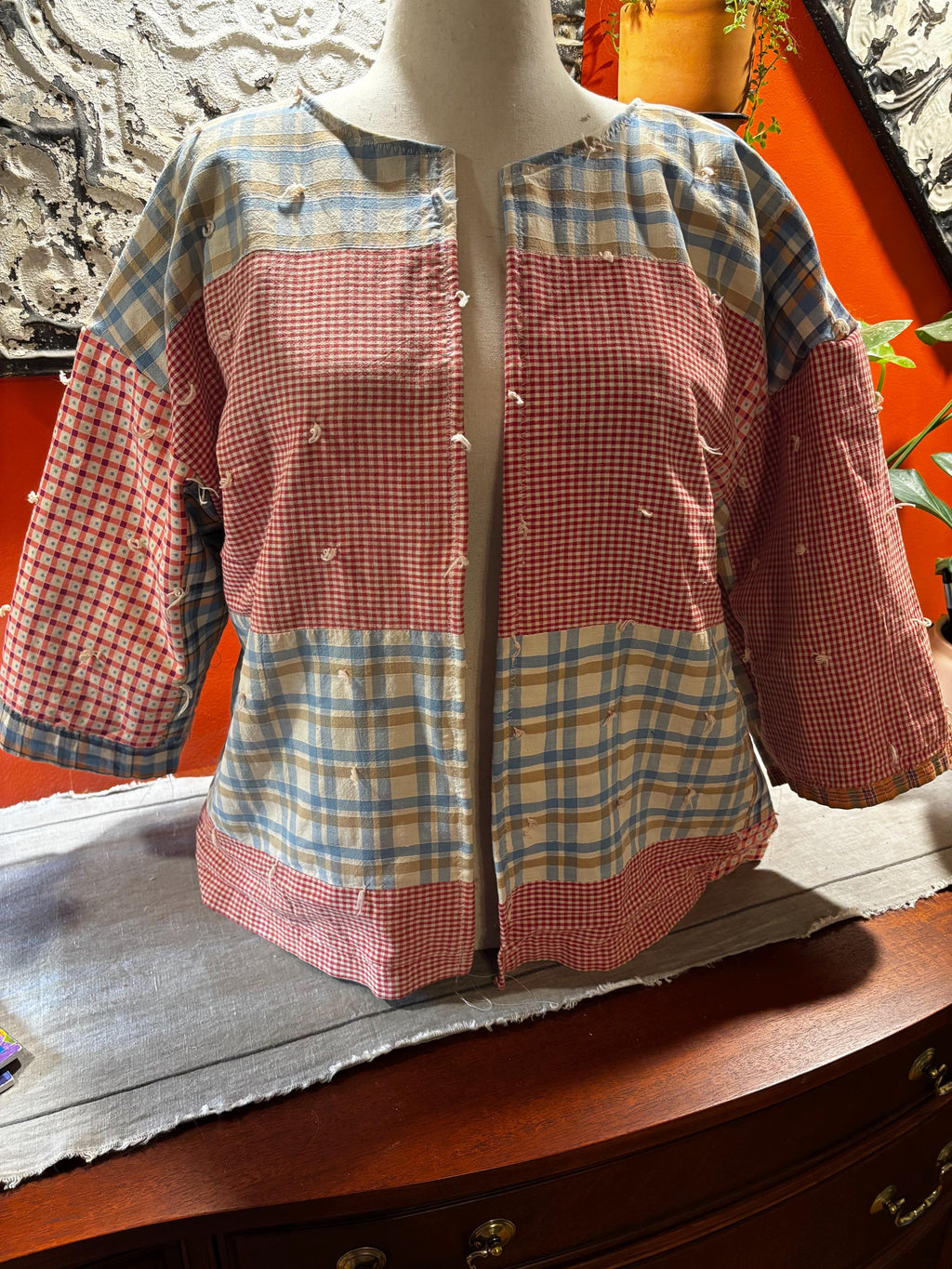 Vintage Patchwork Quilt Jacket: Handmade Checks Gingham, One of a Kind