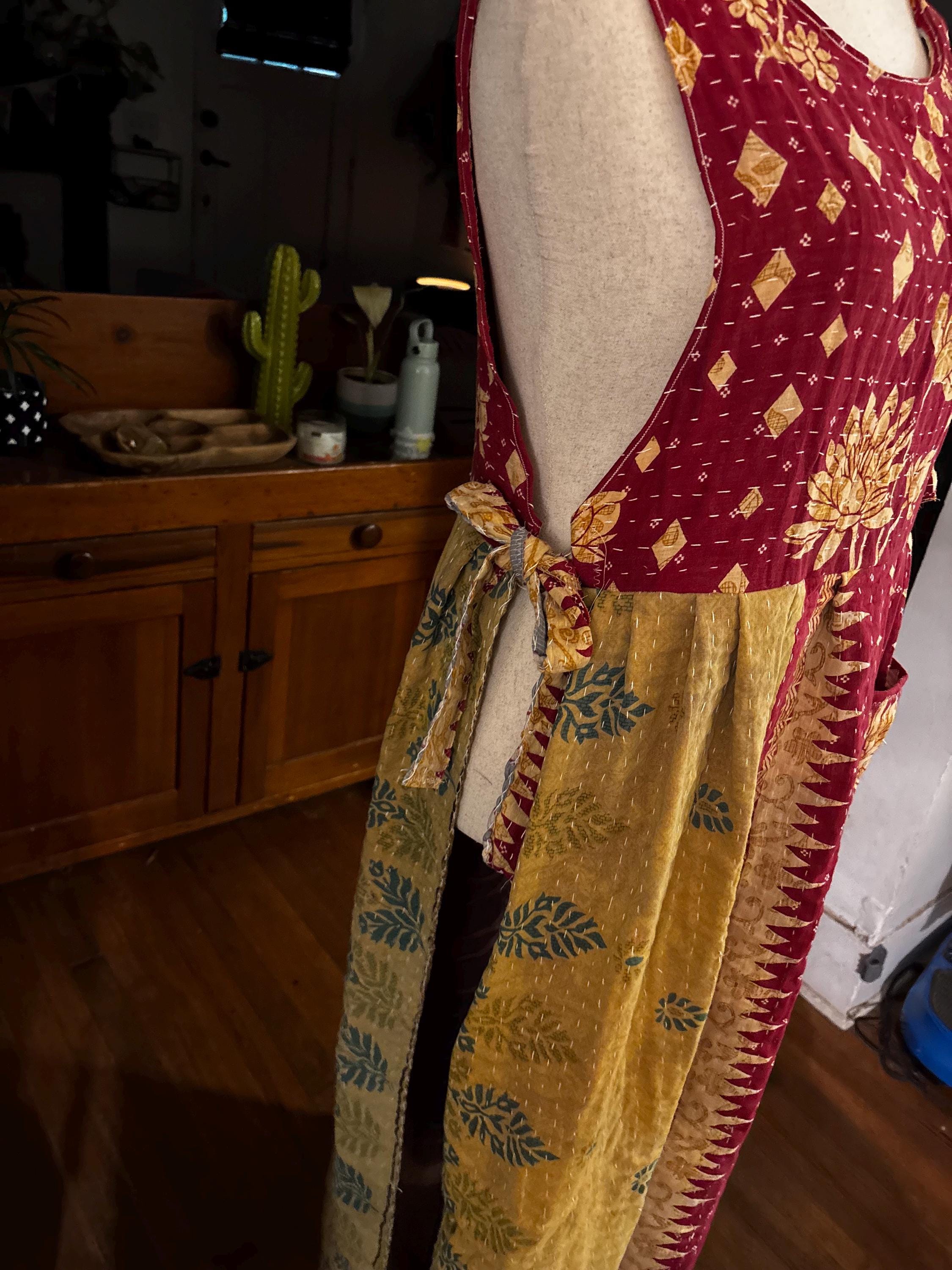 Apron style side tie wrap maxi dress made from repurposed sari “Lotus” XS/S