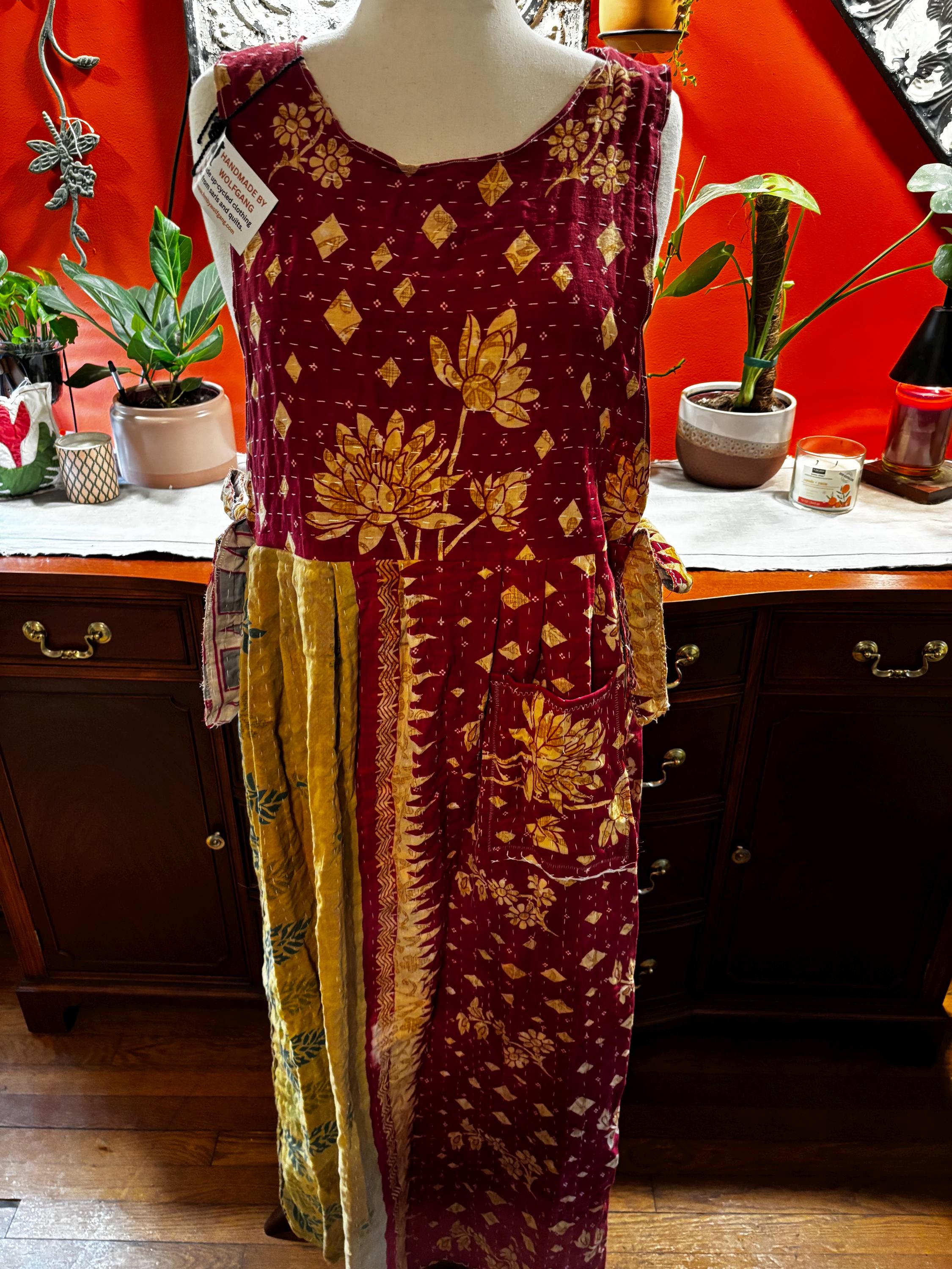 Apron style side tie wrap maxi dress made from repurposed sari “Lotus” XS/S