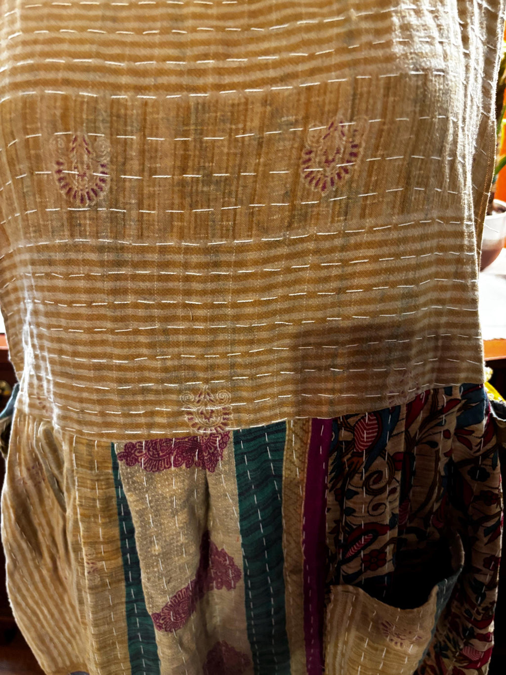 Apron style side tie wrap maxi dress made from repurposed sari “Wren” M/L
