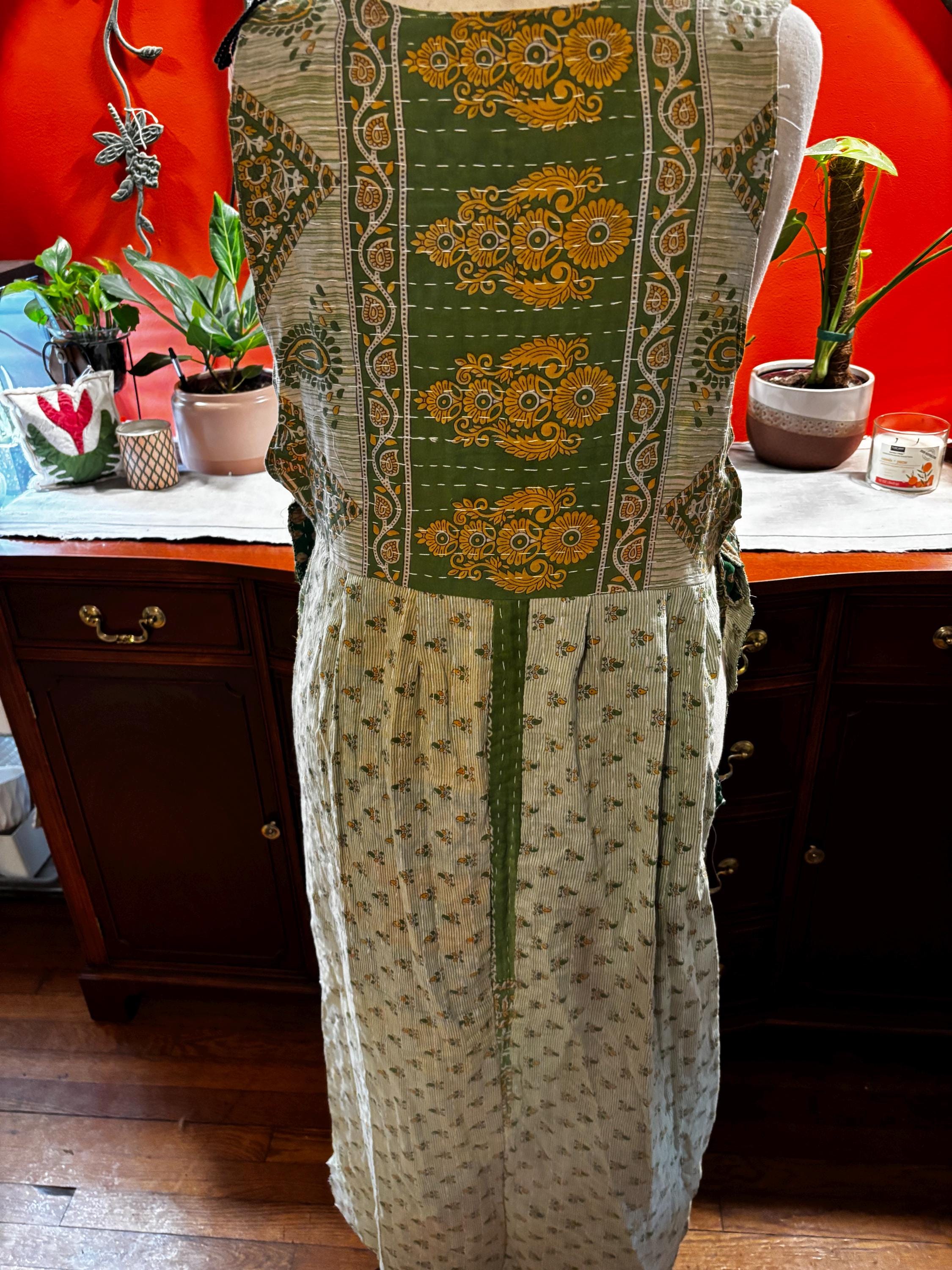 Apron style side tie wrap maxi dress made from repurposed sari “Isadora” xs-m