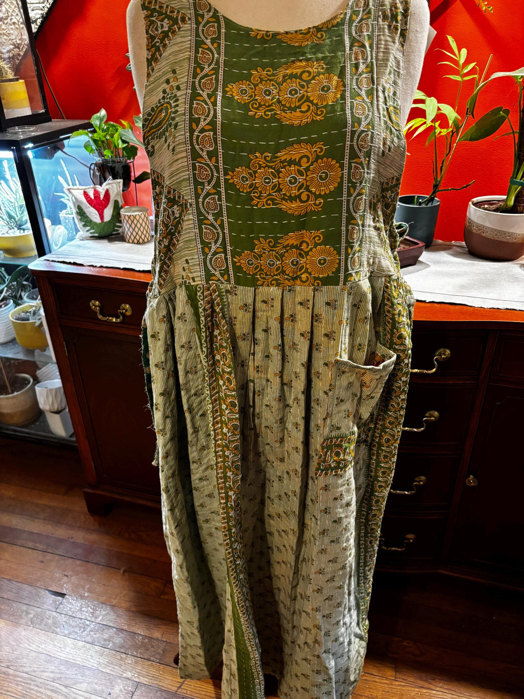 Apron style side tie wrap maxi dress made from repurposed sari “Isadora” xs-m