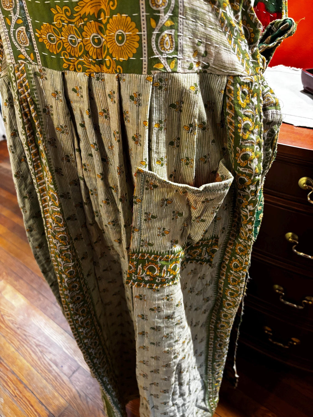 Apron style side tie wrap maxi dress made from repurposed sari “Isadora” xs-m