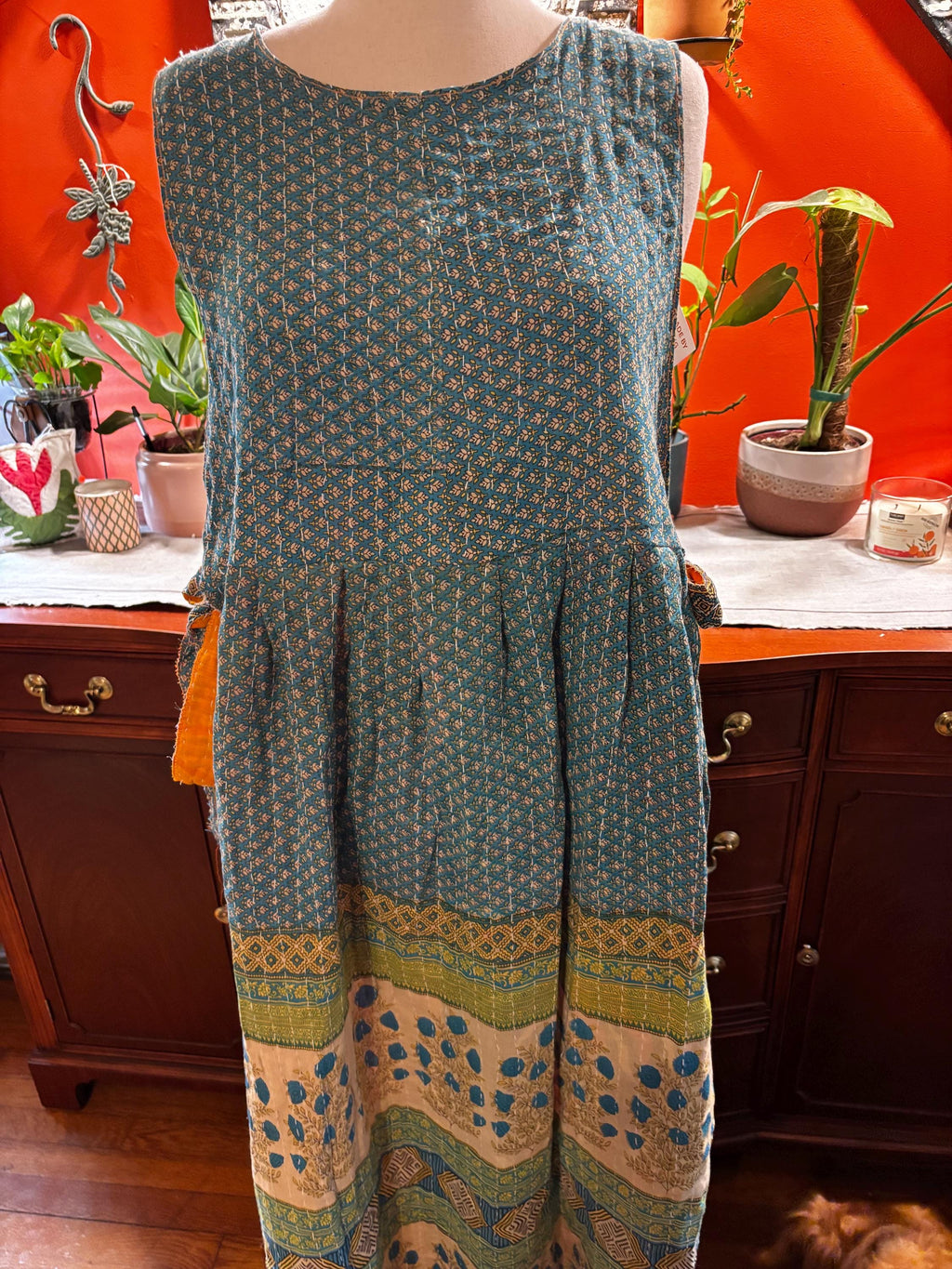 Handmade Teal Floral Sari Wrap Dress Maxi (L-XXL) – Upcycled Bohemian Style