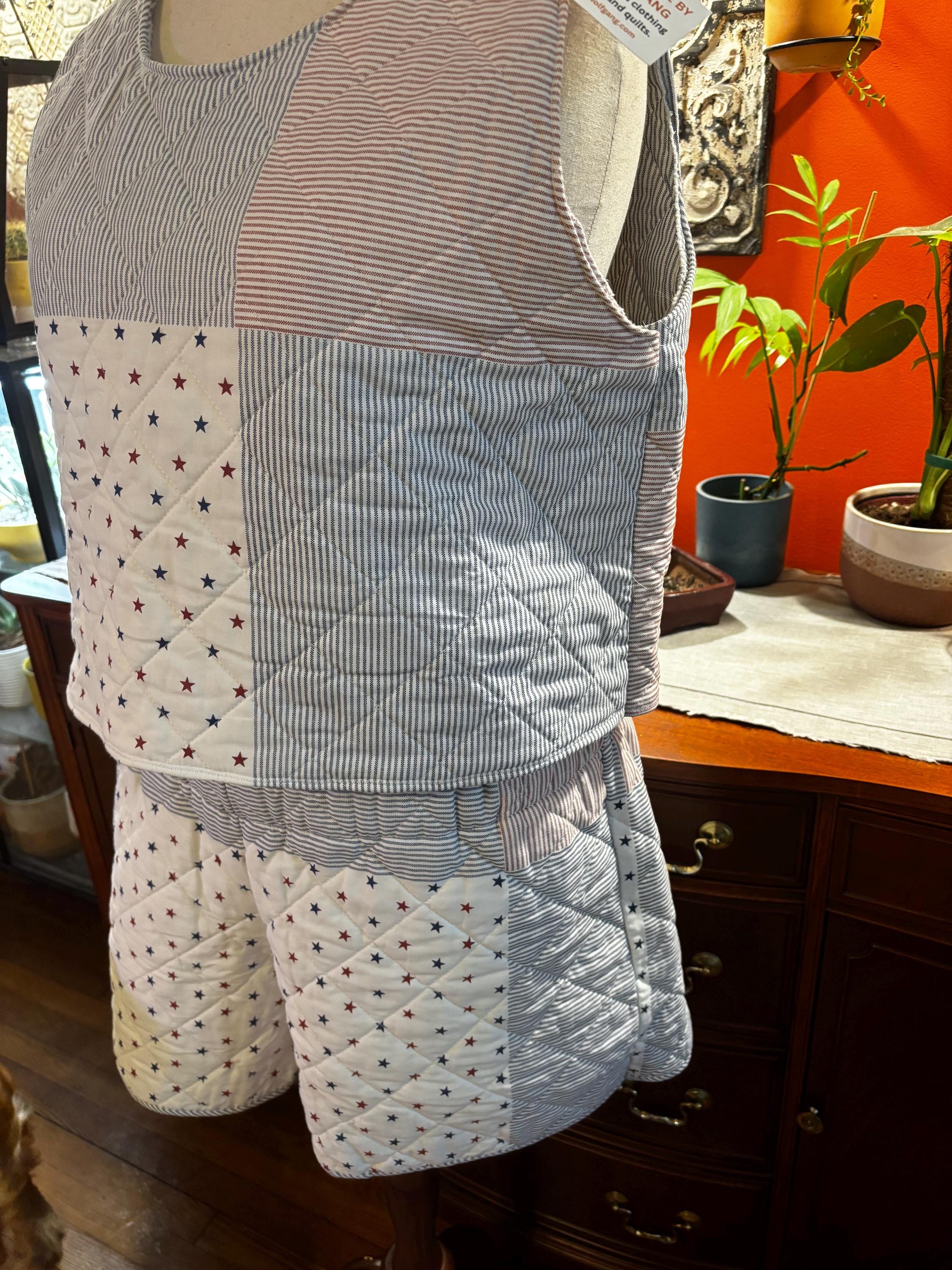 Handmade Quilted Short Set: Patriotic Stars Ticking Stripes (XS/S - XL/XXL)