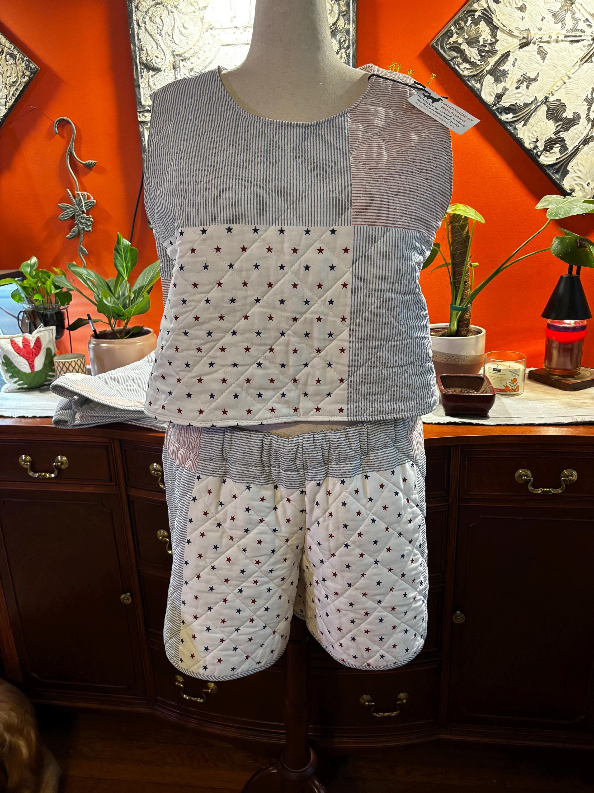 Handmade Quilted Short Set: Patriotic Stars Ticking Stripes (XS/S - XL/XXL)