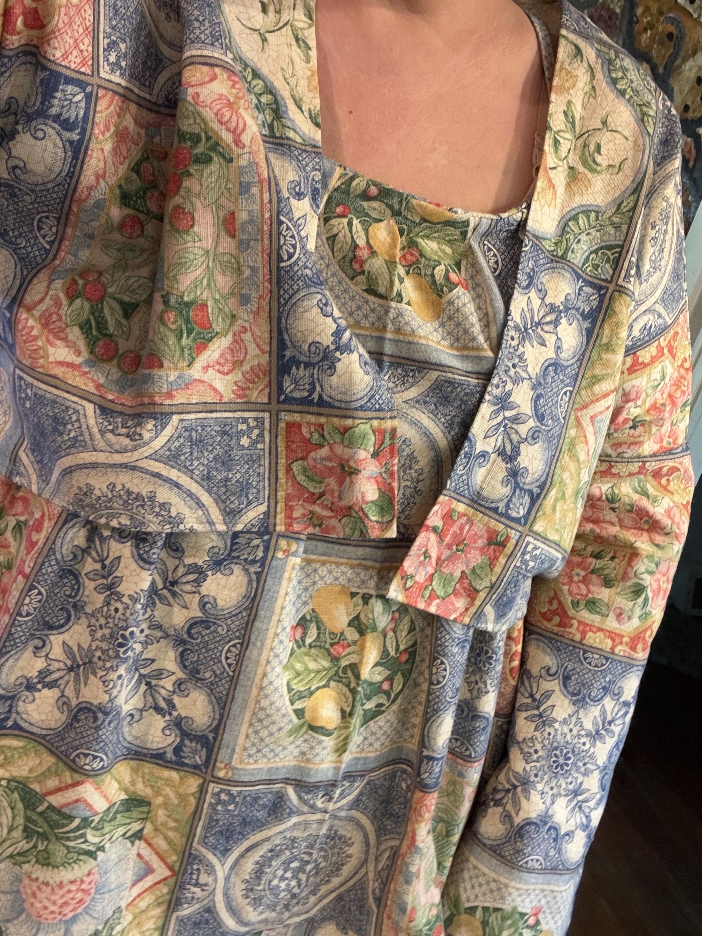 Handmade upcycled decorator fabric maxi dress and jacket set, size XL to XXL