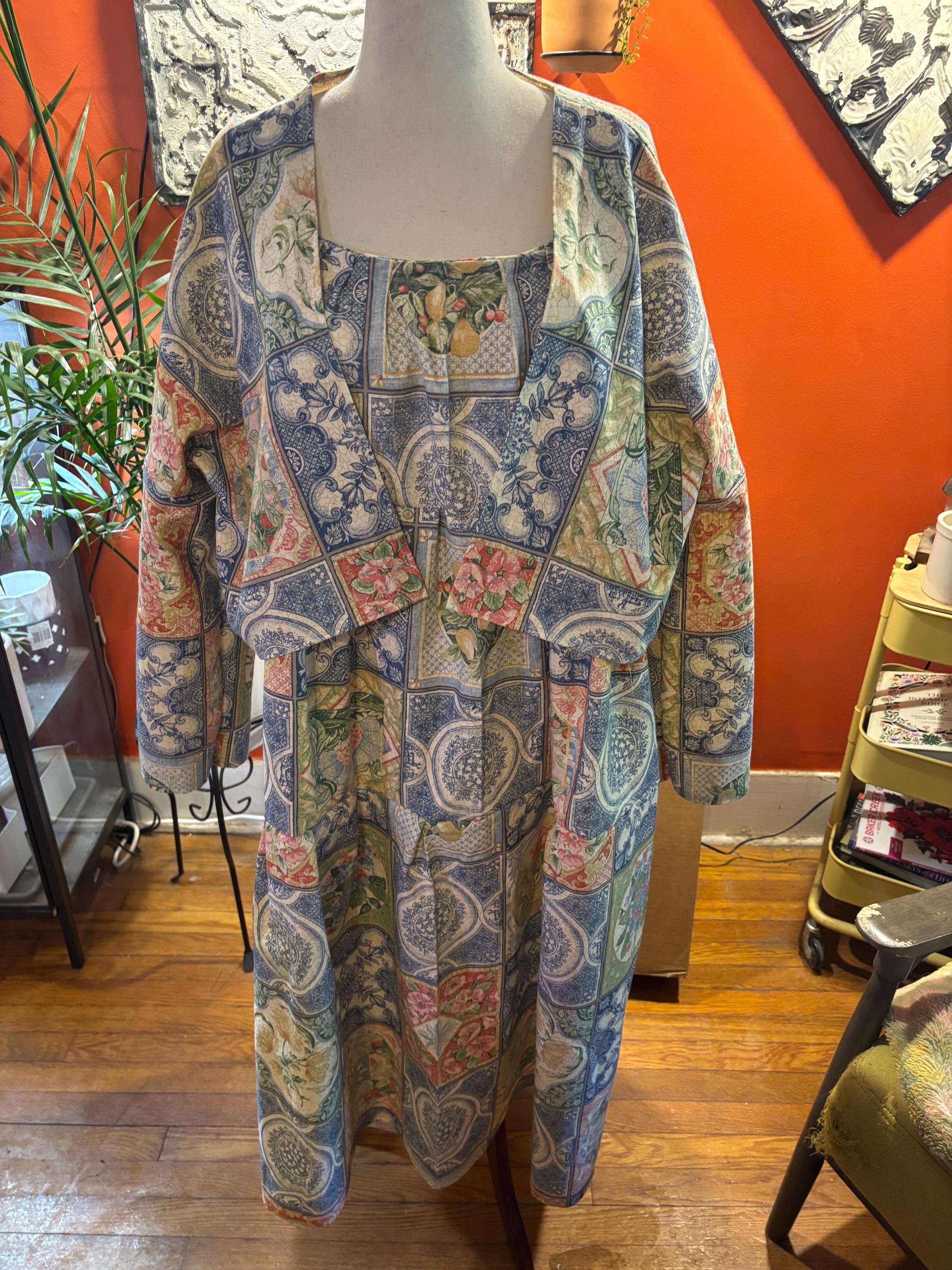 Handmade upcycled decorator fabric maxi dress and jacket set, size XL to XXL