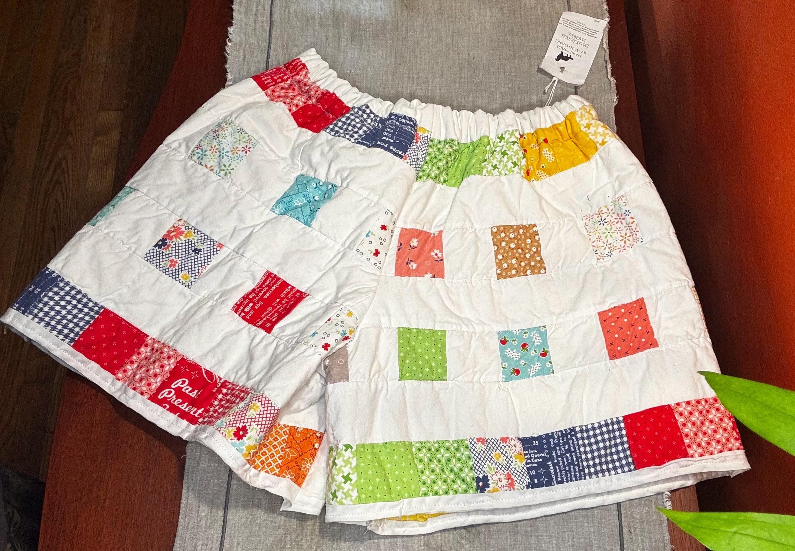 Repurposed handmade patchwork quilt shorts, waist size 28-38inches