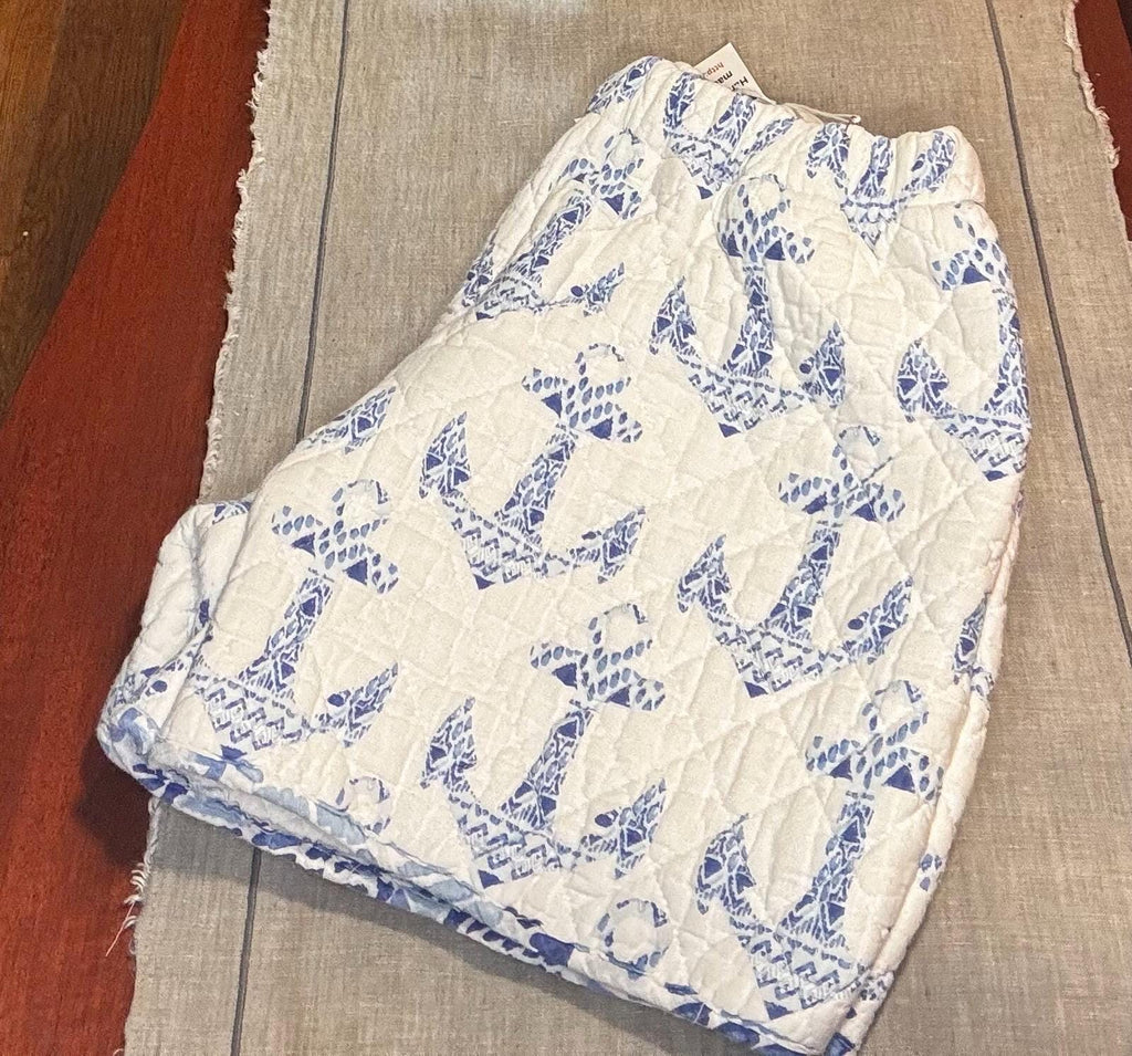 Repurposed handmade blue and white anchor quilt shorts, waist size 24-34 inches