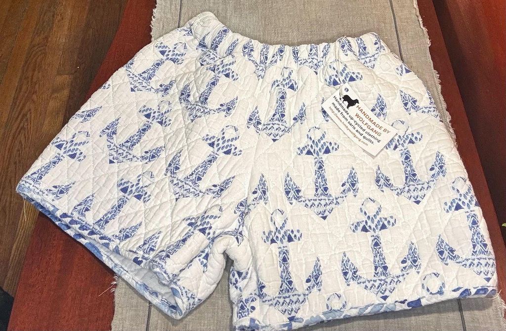 Repurposed handmade blue and white anchor quilt shorts, waist size 24-34 inches