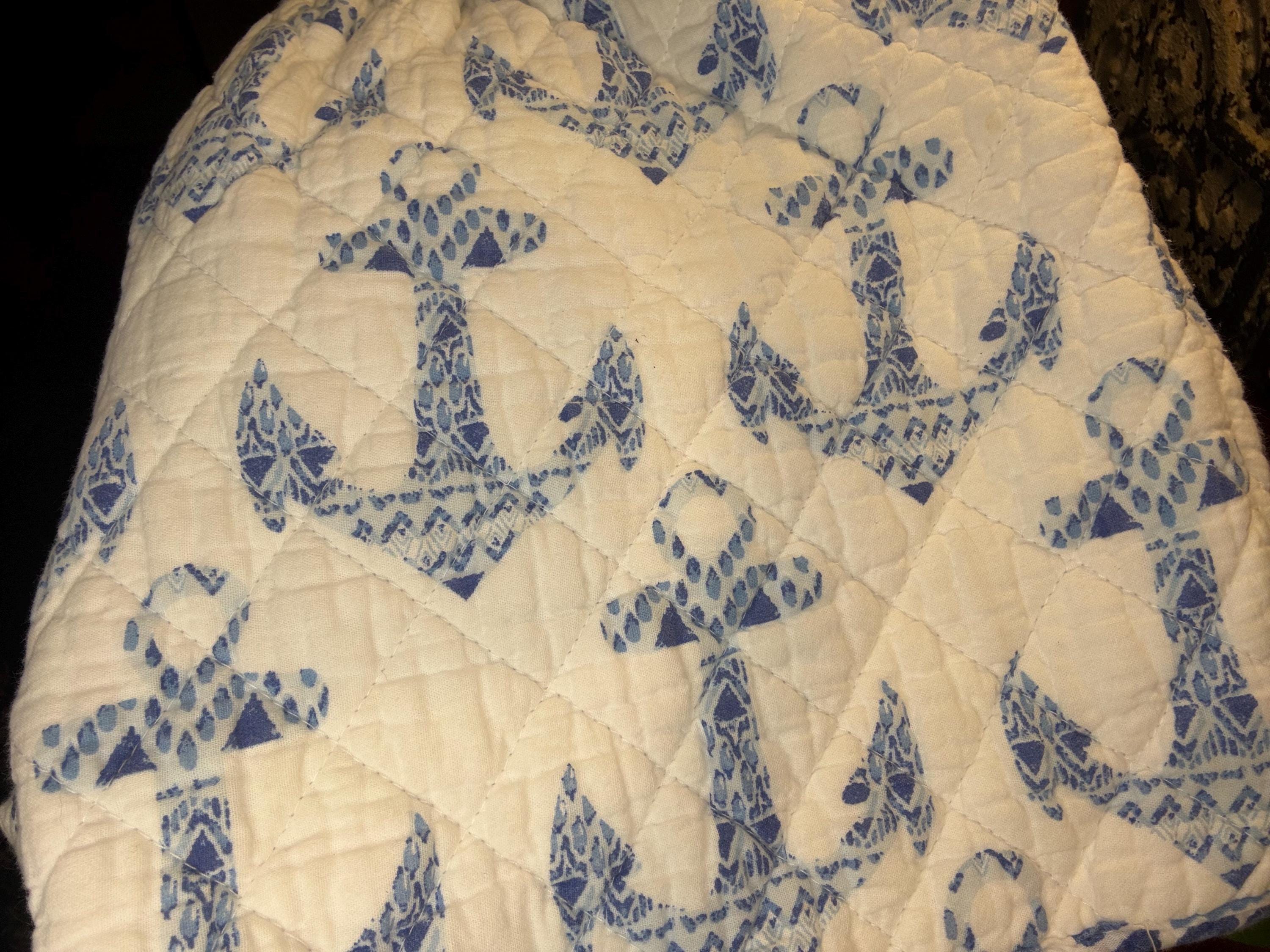 Repurposed handmade blue and white anchor quilt shorts, waist size 24-34 inches