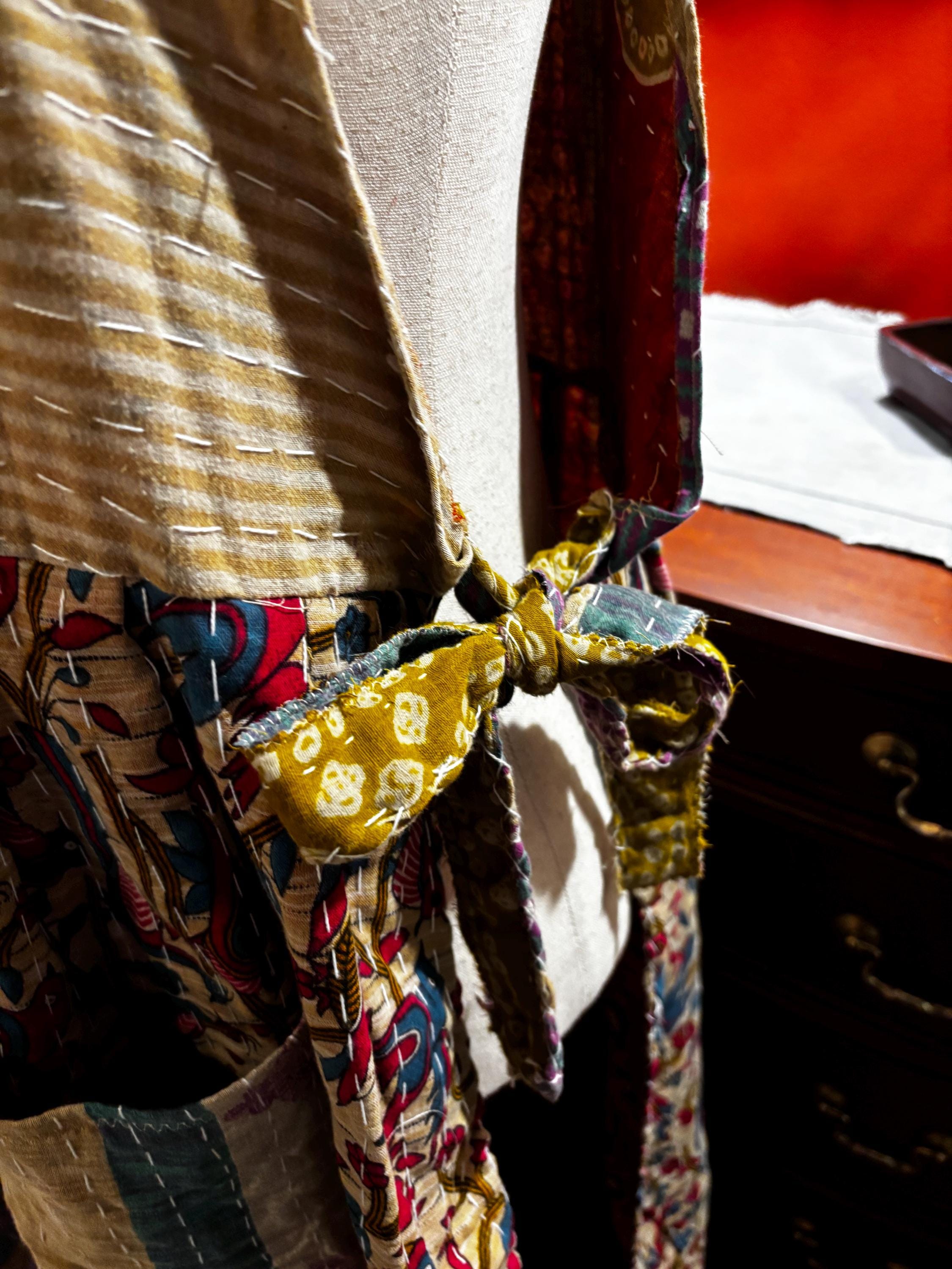 Apron style side tie wrap maxi dress made from repurposed sari “Wren” M/L