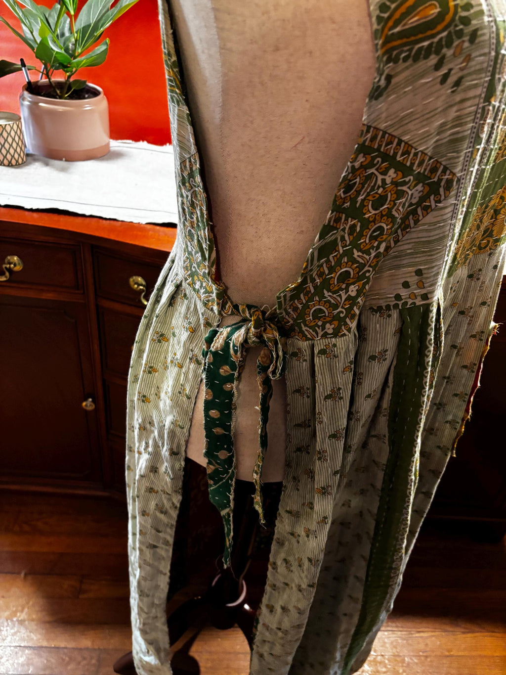 Apron style side tie wrap maxi dress made from repurposed sari “Isadora” xs-m