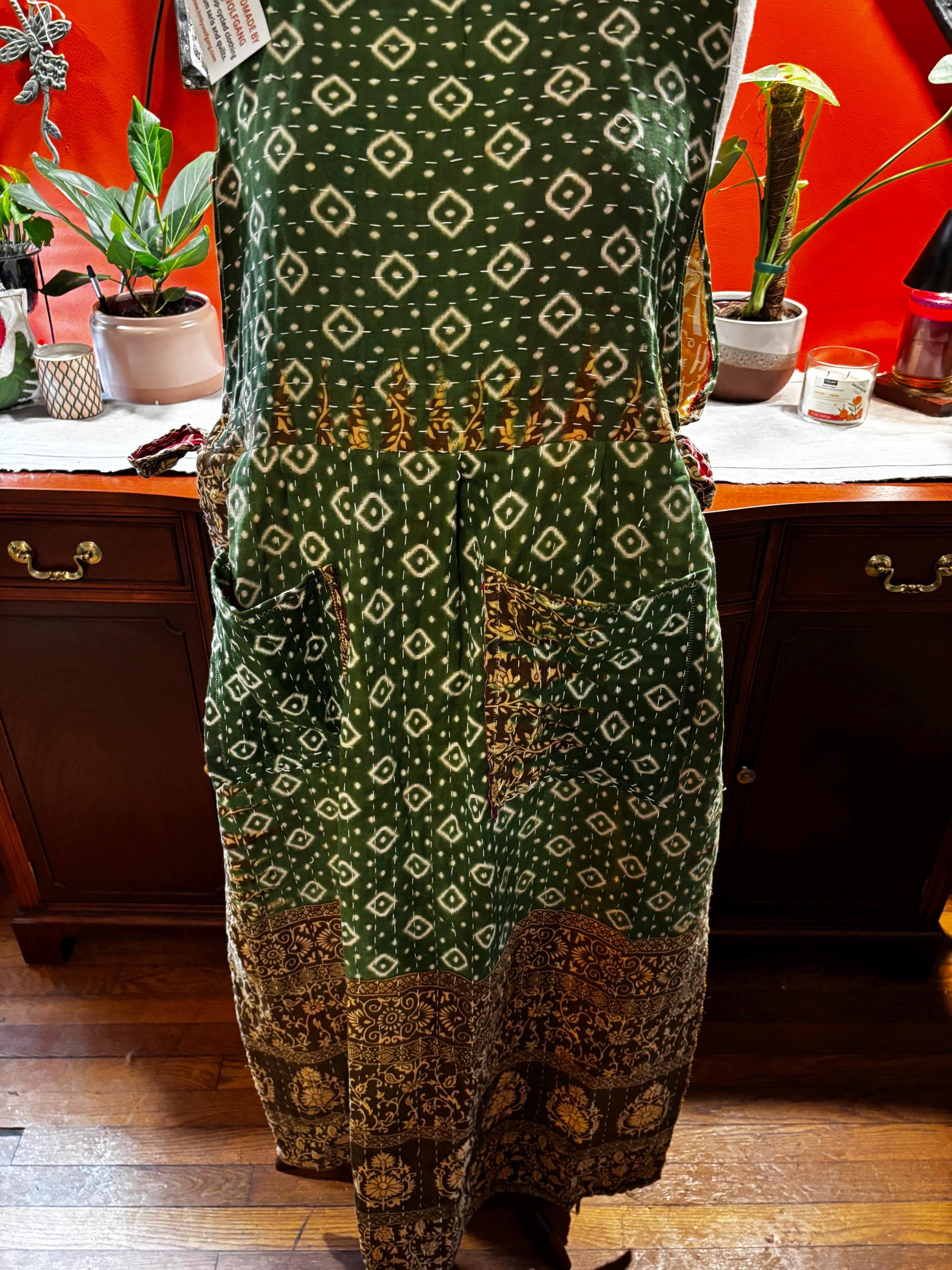 Handmade Repurposed Sari Maxi Dress – Green Ikat Diamond Print, M-XL