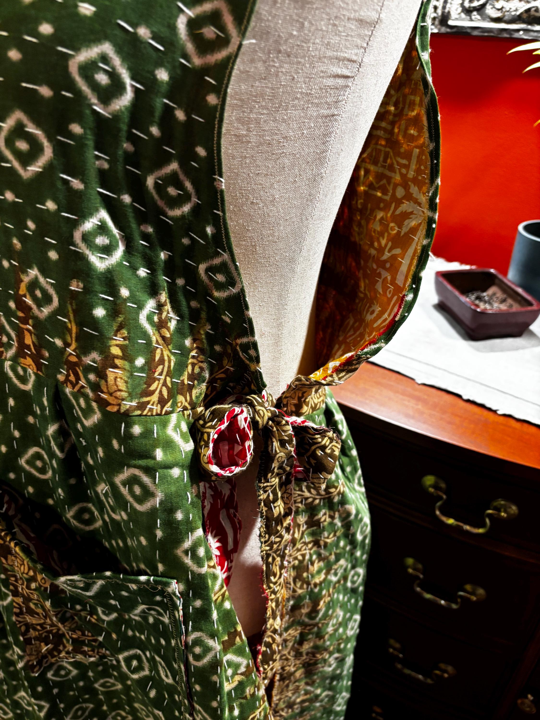 Handmade Repurposed Sari Maxi Dress – Green Ikat Diamond Print, M-XL