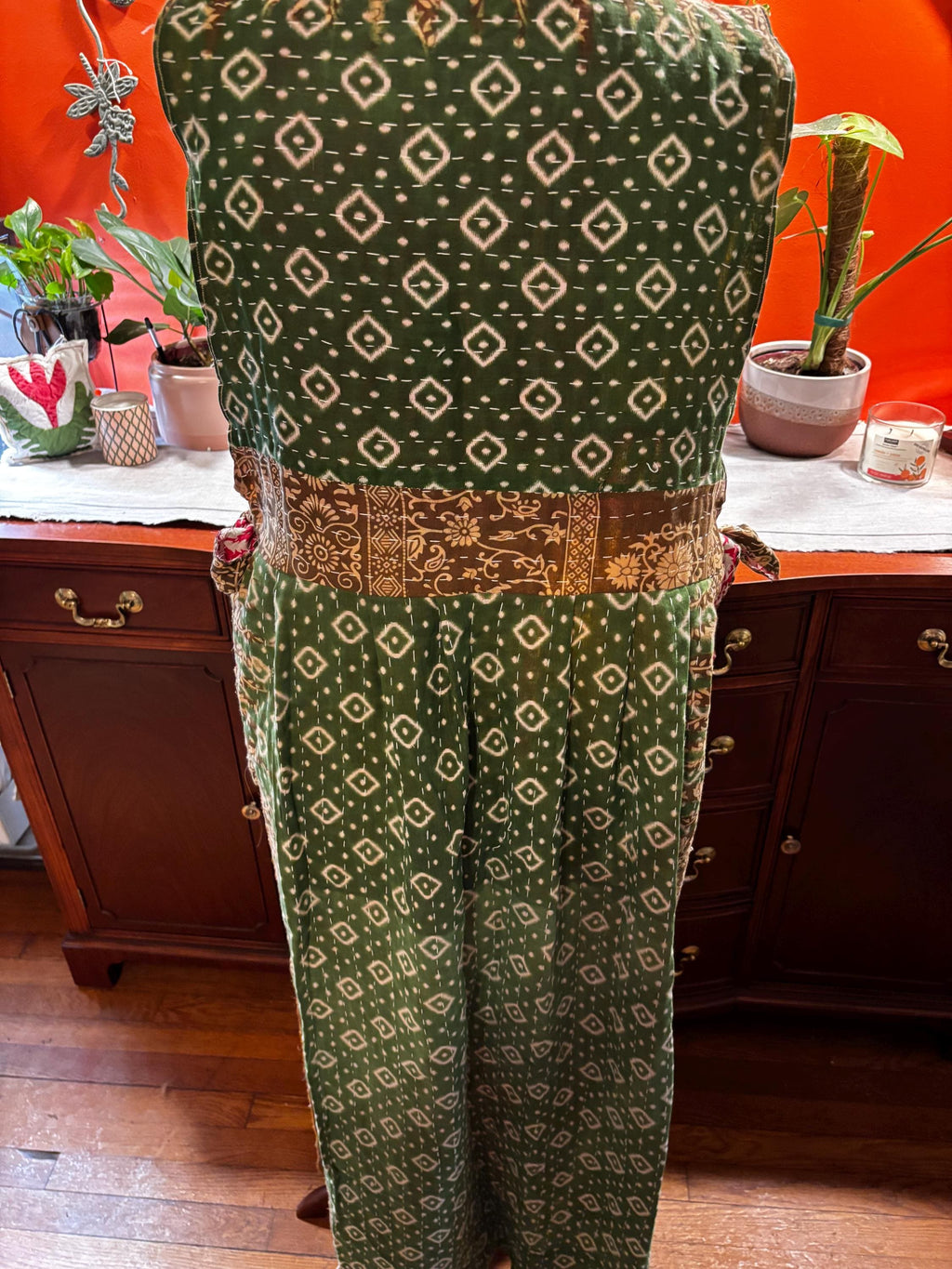 Handmade Repurposed Sari Maxi Dress – Green Ikat Diamond Print, M-XL