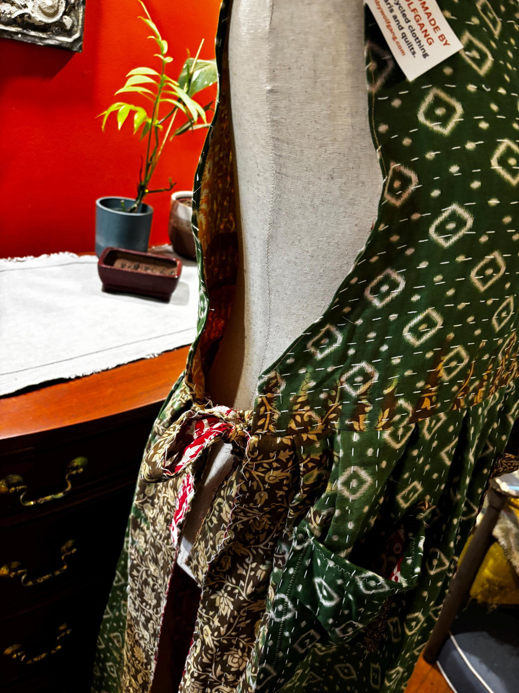 Handmade Repurposed Sari Maxi Dress – Green Ikat Diamond Print, M-XL
