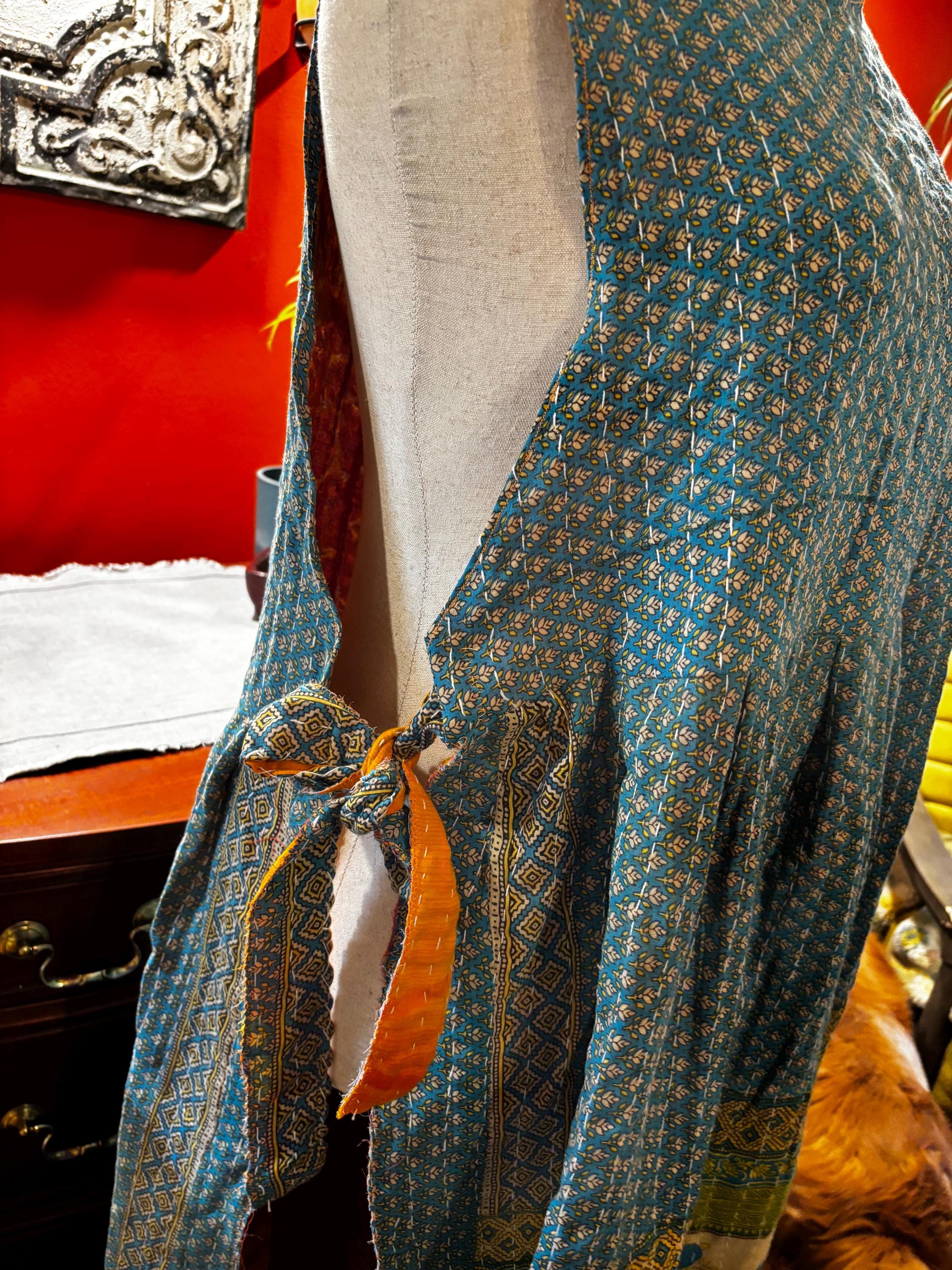 Handmade Teal Floral Sari Wrap Dress Maxi (L-XXL) – Upcycled Bohemian Style