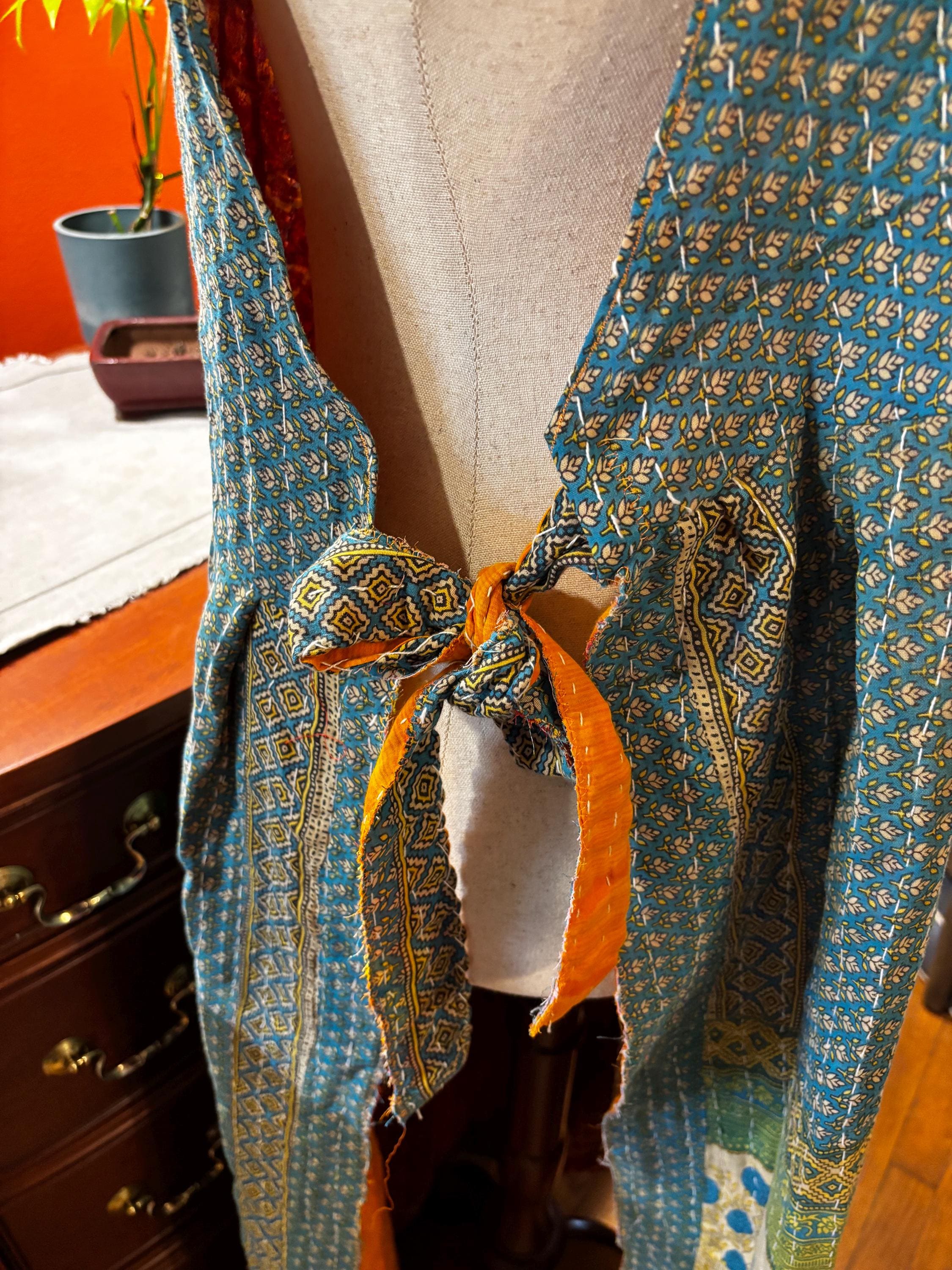 Handmade Teal Floral Sari Wrap Dress Maxi (L-XXL) – Upcycled Bohemian Style