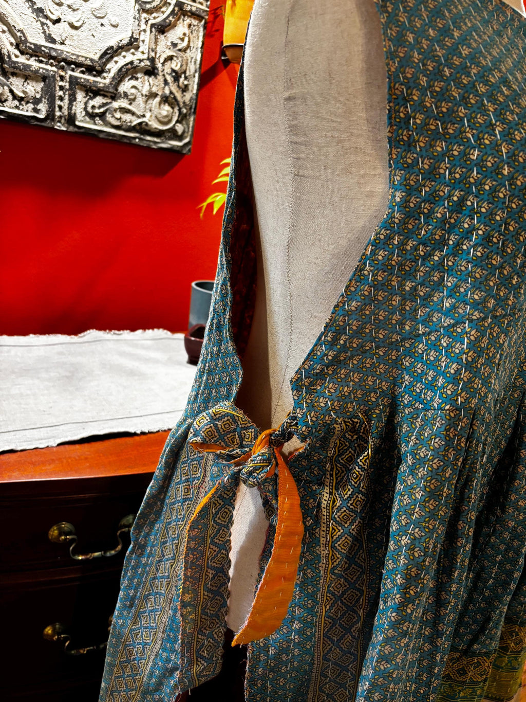 Handmade Teal Floral Sari Wrap Dress Maxi (L-XXL) – Upcycled Bohemian Style