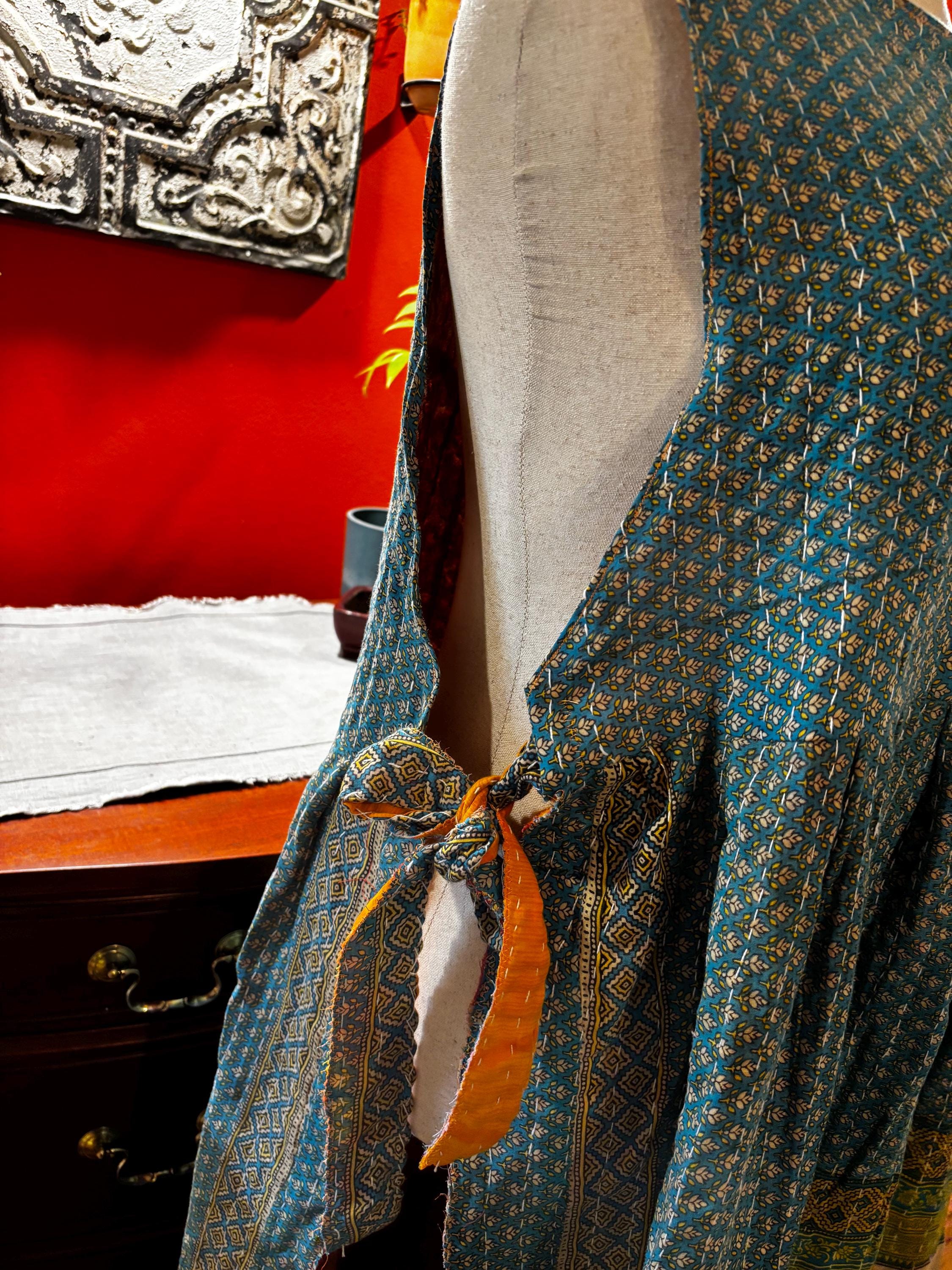 Handmade Teal Floral Sari Wrap Dress Maxi (L-XXL) – Upcycled Bohemian Style