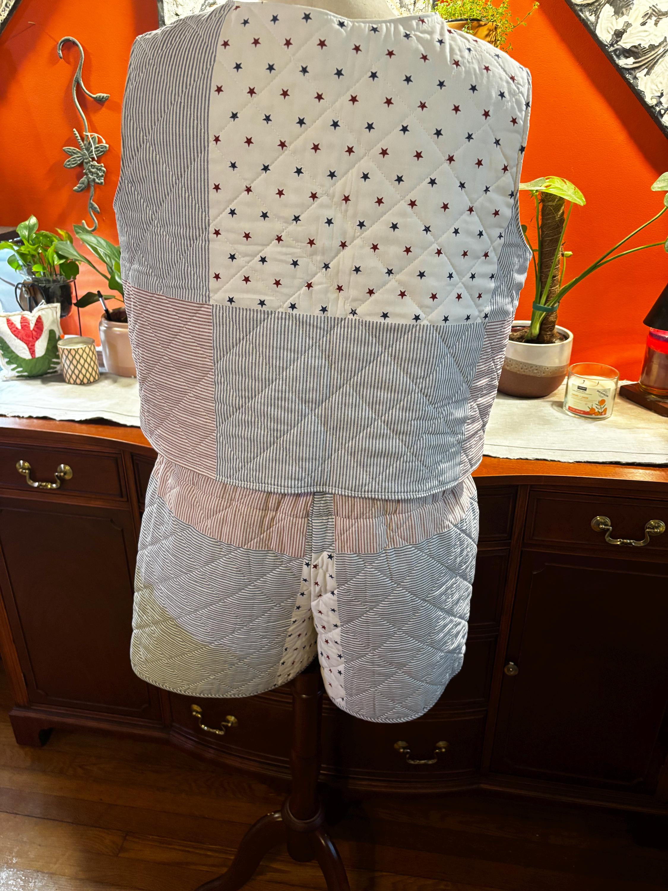 Handmade Quilted Short Set: Patriotic Stars Ticking Stripes (XS/S - XL/XXL)
