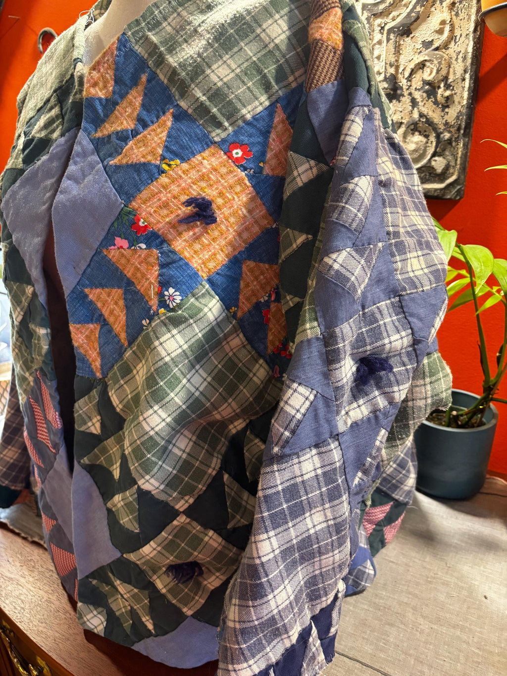 Handmade Patchwork Jacket, Vintage Flying Geese Quilt, Cardigan Style, Warm Fleece