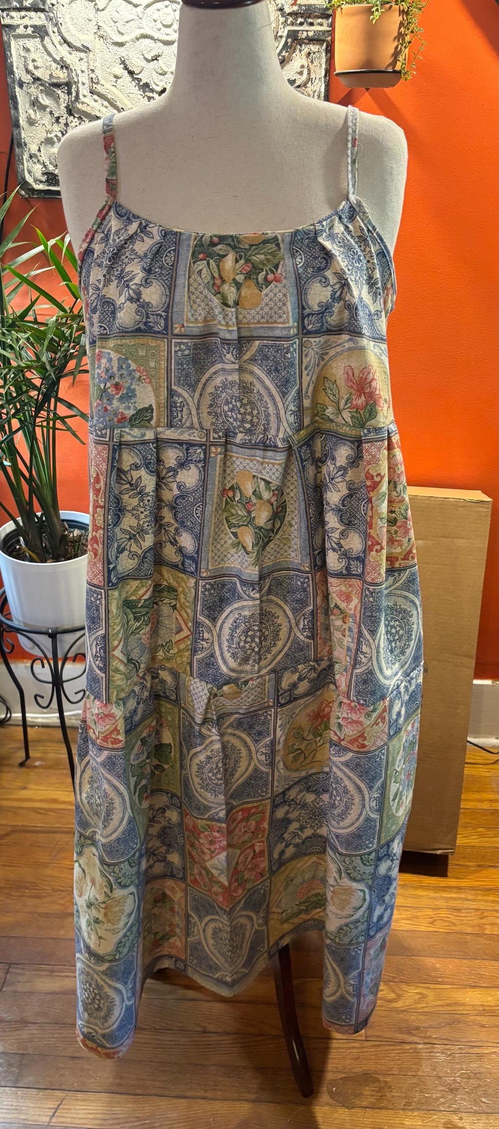 Handmade upcycled decorator fabric maxi dress and jacket set, size XL to XXL
