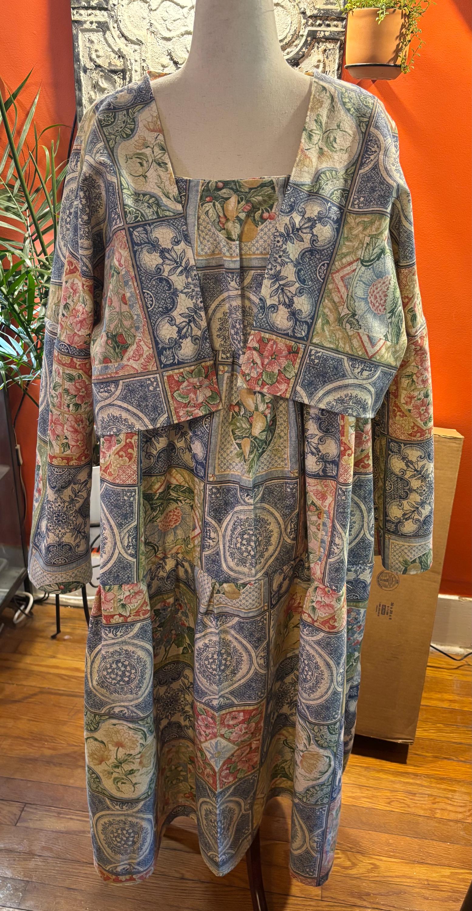 Handmade upcycled decorator fabric maxi dress and jacket set, size XL to XXL