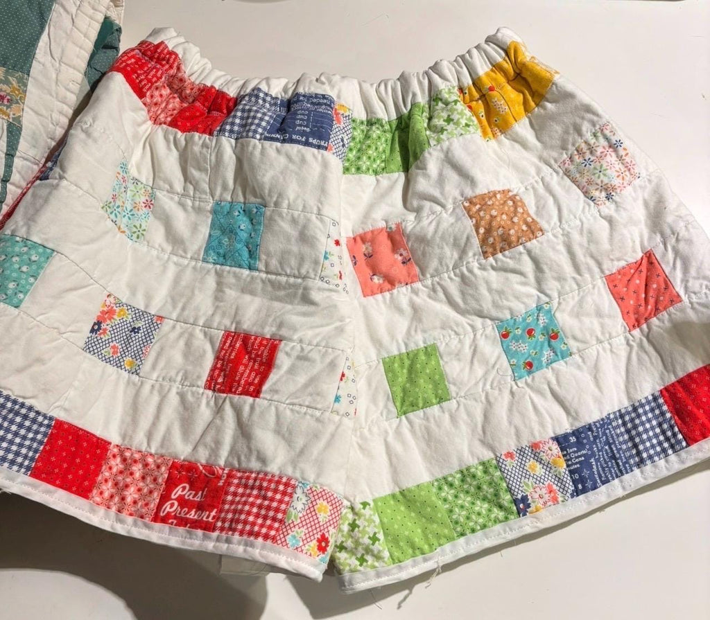Repurposed handmade patchwork quilt shorts, waist size 28-38inches