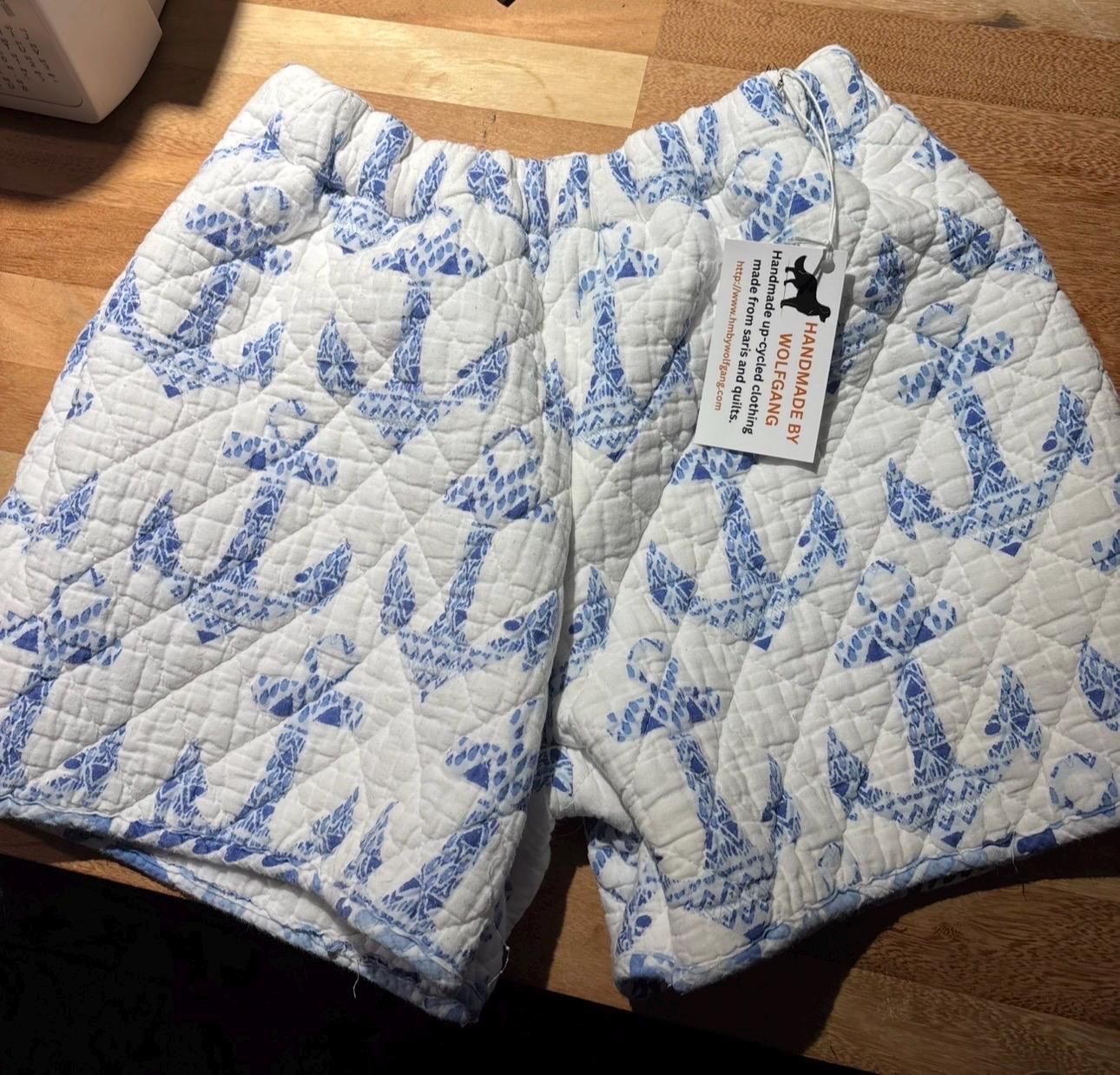 Repurposed handmade blue and white anchor quilt shorts, waist size 24-34 inches