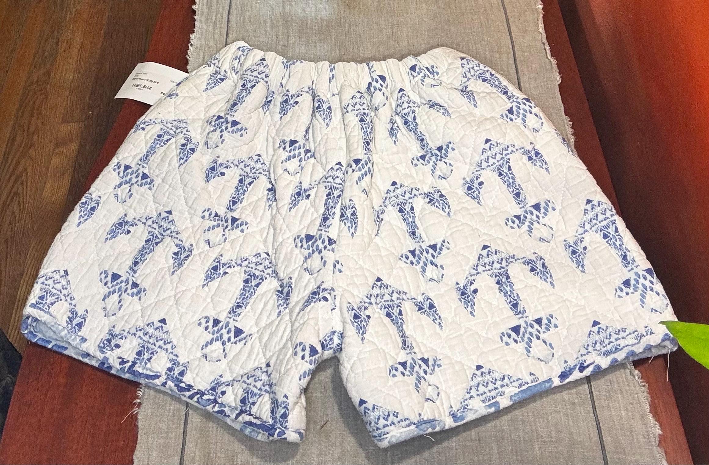 Repurposed handmade blue and white anchor quilt shorts, waist size 24-34 inches